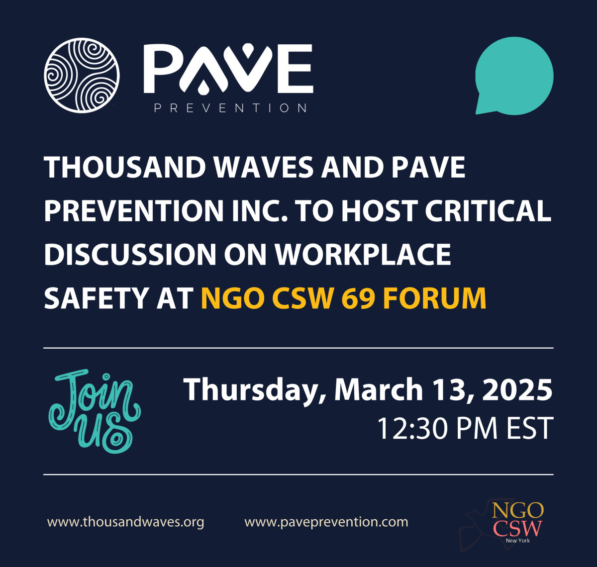 Thousand Waves and PAVE Prevention Inc. to Host Critical Discussion on Women Safety at UNCSW 69 NGO Forum